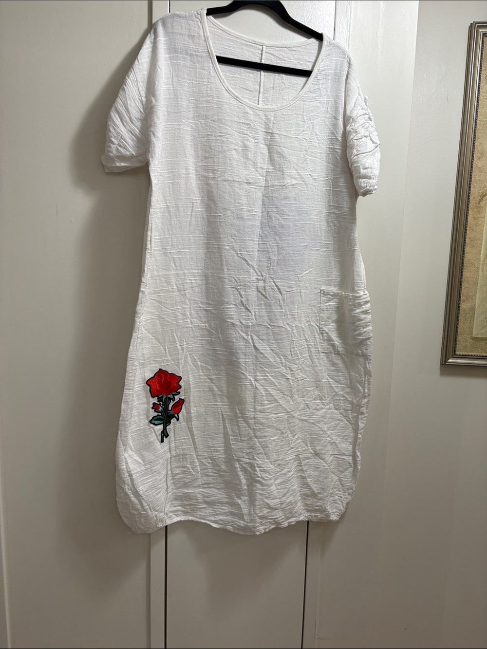 White Sleeve Dress with Red Rose Embroidery